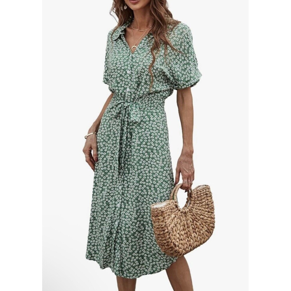 Shibever Midi Shift Dress Women Size L Green Floral Short Sleeve Cottagecore